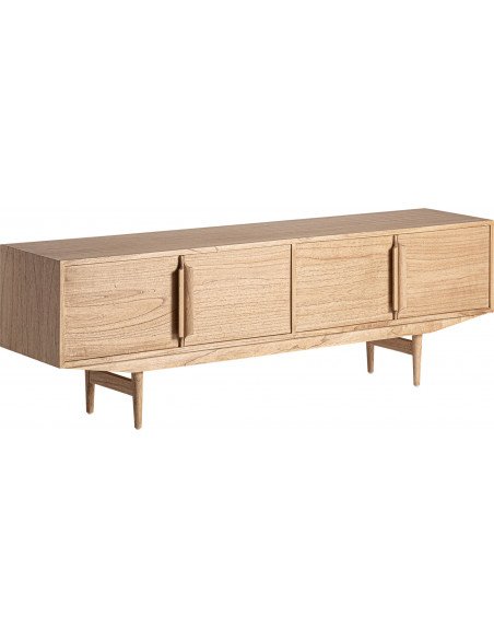 Meuble TV en bois mindi style nordique naturel, vue de face en biais