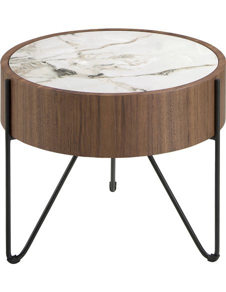 Table d'angle ronde noyer et marbre blanc