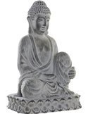 Statue Bouddha gris serein pour décoration de jardin, assis sur un socle en forme de lotus