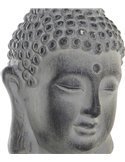 Gros plan sur le visage du Bouddha gris, cheveux bouclés et yeux mi-clos, point frontal visible