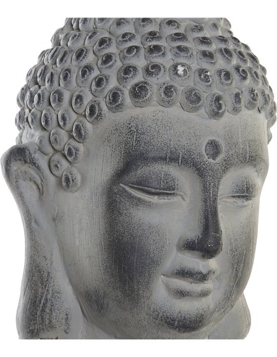 Gros plan sur le visage du Bouddha gris, cheveux bouclés et yeux mi-clos, point frontal visible
