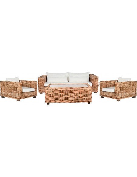 Ensemble salon rotin 4 pièces ton bleu usé Meti