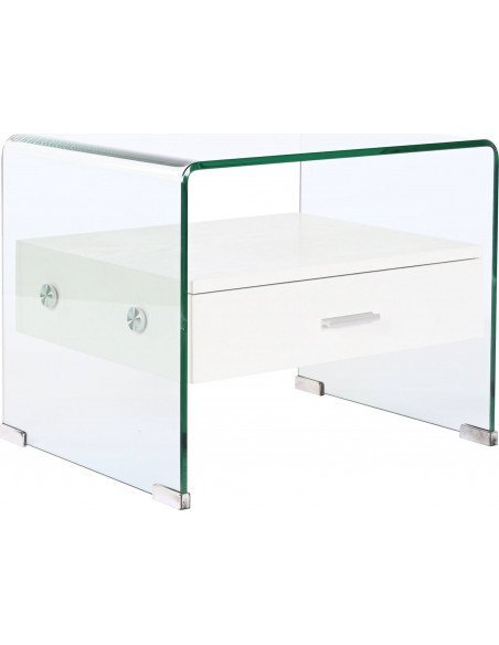 Table de chevet design verre et effet bois blanc Meti