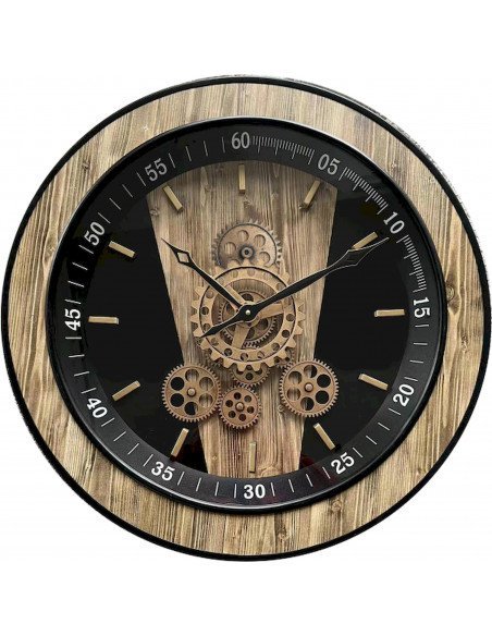 Horloge murale design industriel noir et bois