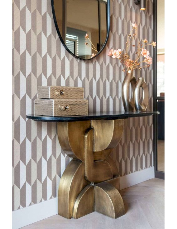 Console Maddox noir et or dans une entrée, miroir ovale au-dessus