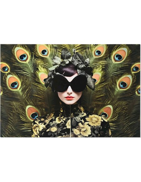 portrait artistique femme paon décor mural verre trempé