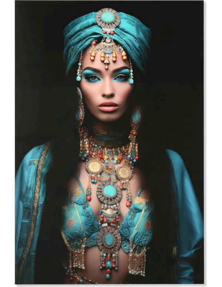 art mural femme orientale bijou bleu noir verre trempé élégant