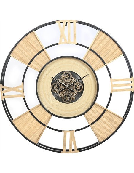 horloge murale rotin métal style industriel loft naturel