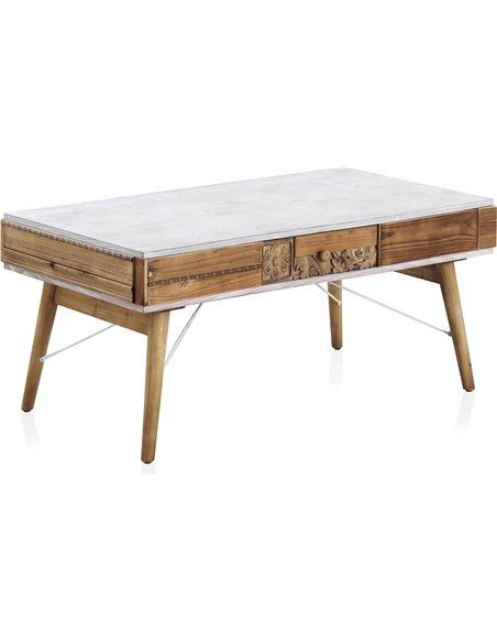 table basse blanche et bois sculpté ambiance vintage élégante