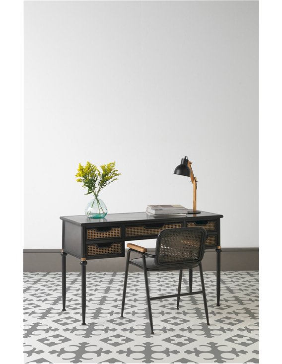 bureau contemporain métal noir tiroirs rotin cuivre