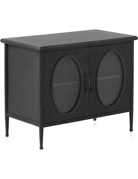 Buffet métal noir vieilli portes ovales verre ondulé