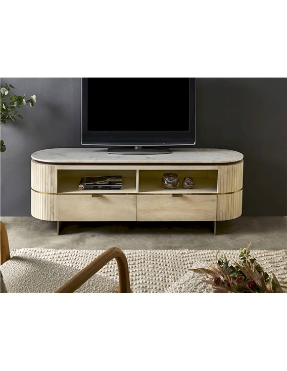 meuble tv bas en bois clair et marbre style moderne