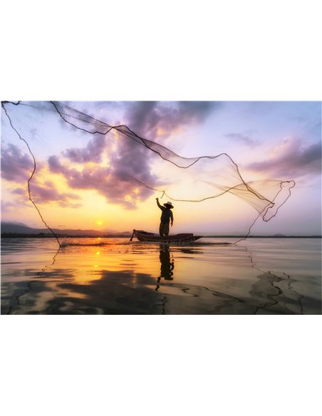 tableau pêcheur sur lac au crépuscule décor mural élégant