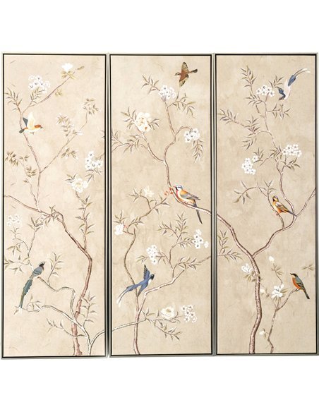 tableau triptyque oiseaux et branches dorées décor mural élégant