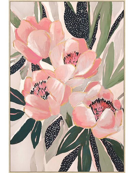 tableau fleurs roses vertes déco murale élégante