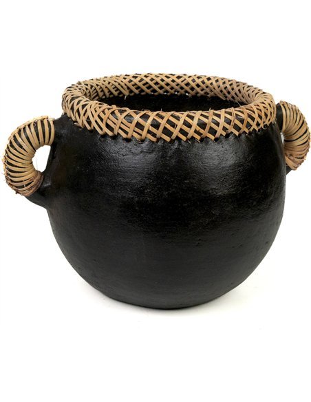 pot céramique noir avec anses rotin déco naturelle