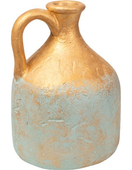 vase artisanal terracotta bleu or décoratif avec anse