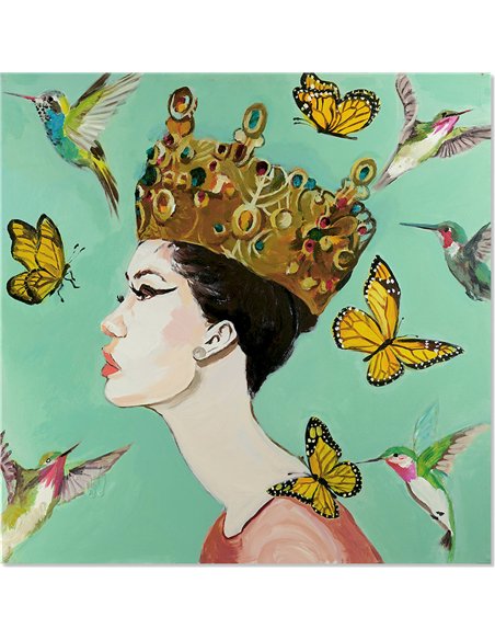 portrait femme couronne papillons toile décorative multicolore