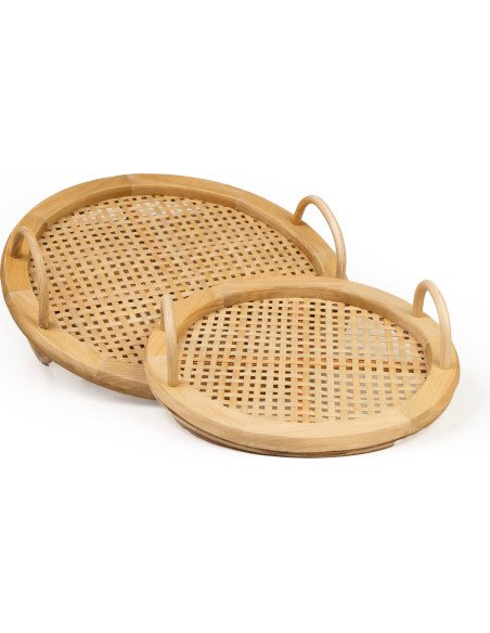 plateau décoratif rond en bois et bambou naturel beige