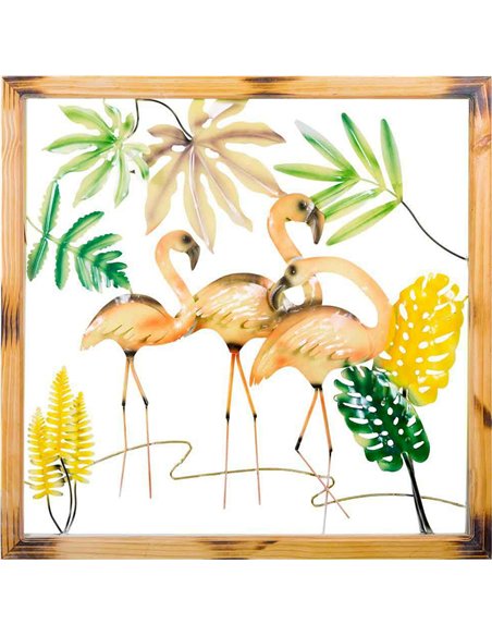 décoration murale métal flamants roses et feuillage exotique