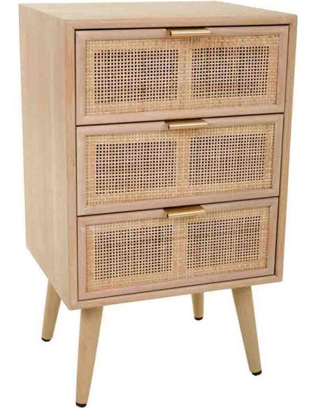 chevet trois tiroirs en bois clair et cannage chic
