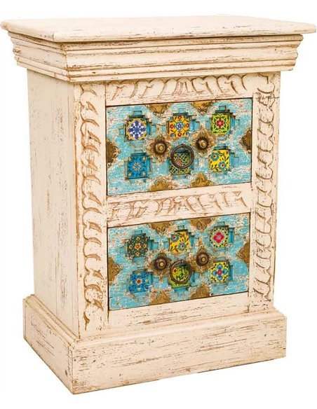 chevet bois beige motifs colorés ambiance bohème