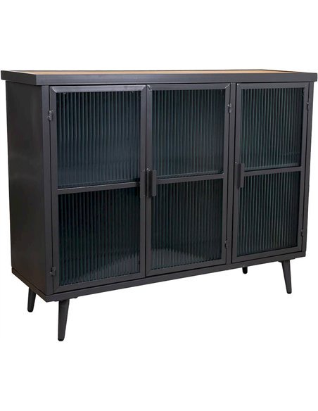 buffet industriel bois métal portes vitrées rainurées