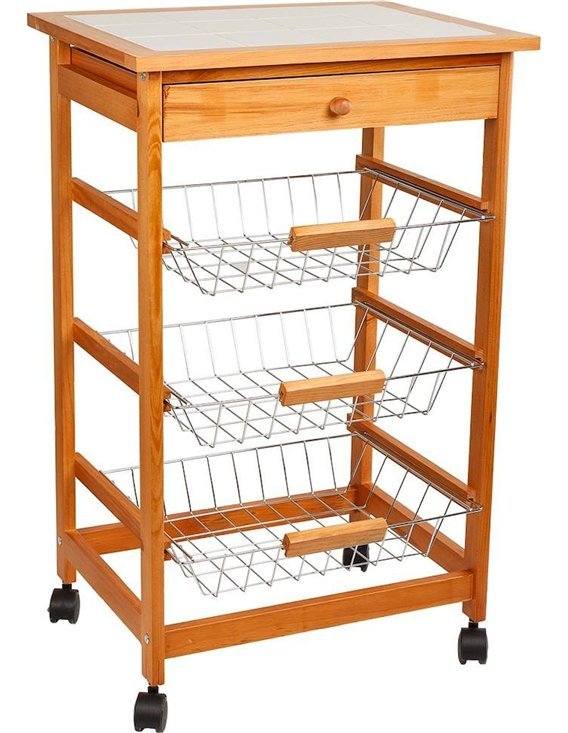 Panier De Fruits, Organisateur De Cuisine Utilitaire à 5 Niveaux Et Chariot De Rangement Avec Paniers Coulissants Et Plateau En Bois Chariot De Cuisine Sur Roulettes Pour Fruits Et Legumes Uade4990