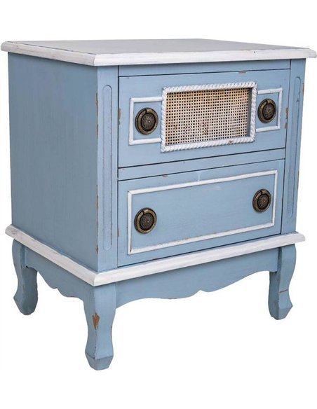 chevet bleu élégant deux tiroirs bois rotin décoration chambre