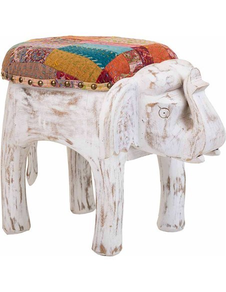 tabouret éléphant artisanal bois blanc assise patchwork