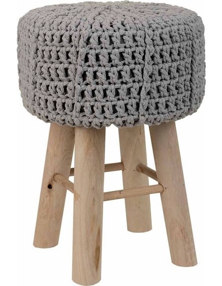 tabouret coton tressé gris pieds bois naturel élégant
